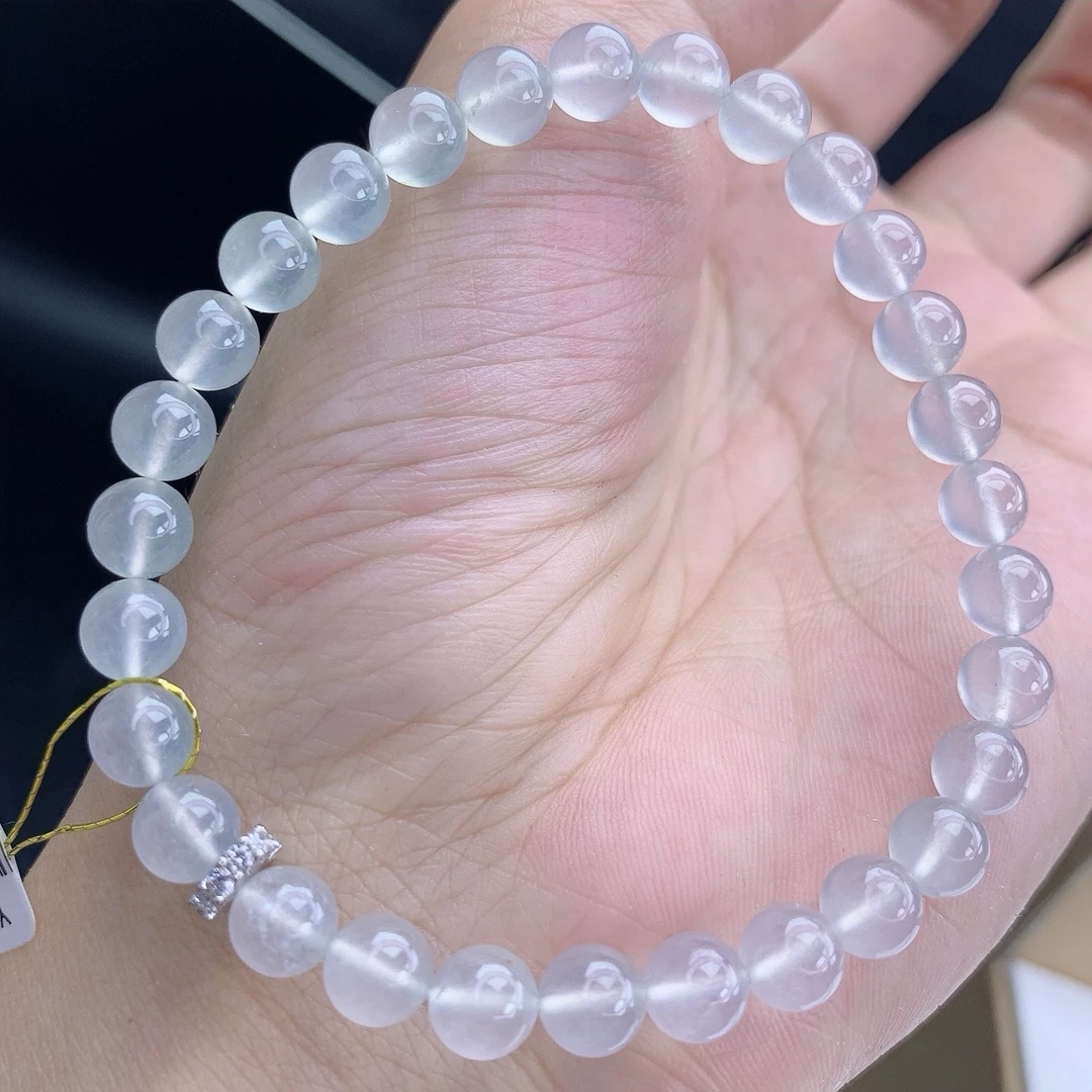缅甸A货翡翠高冰玻璃白冰钢圆珠手链手串单圈5QQ3T13卡6mm