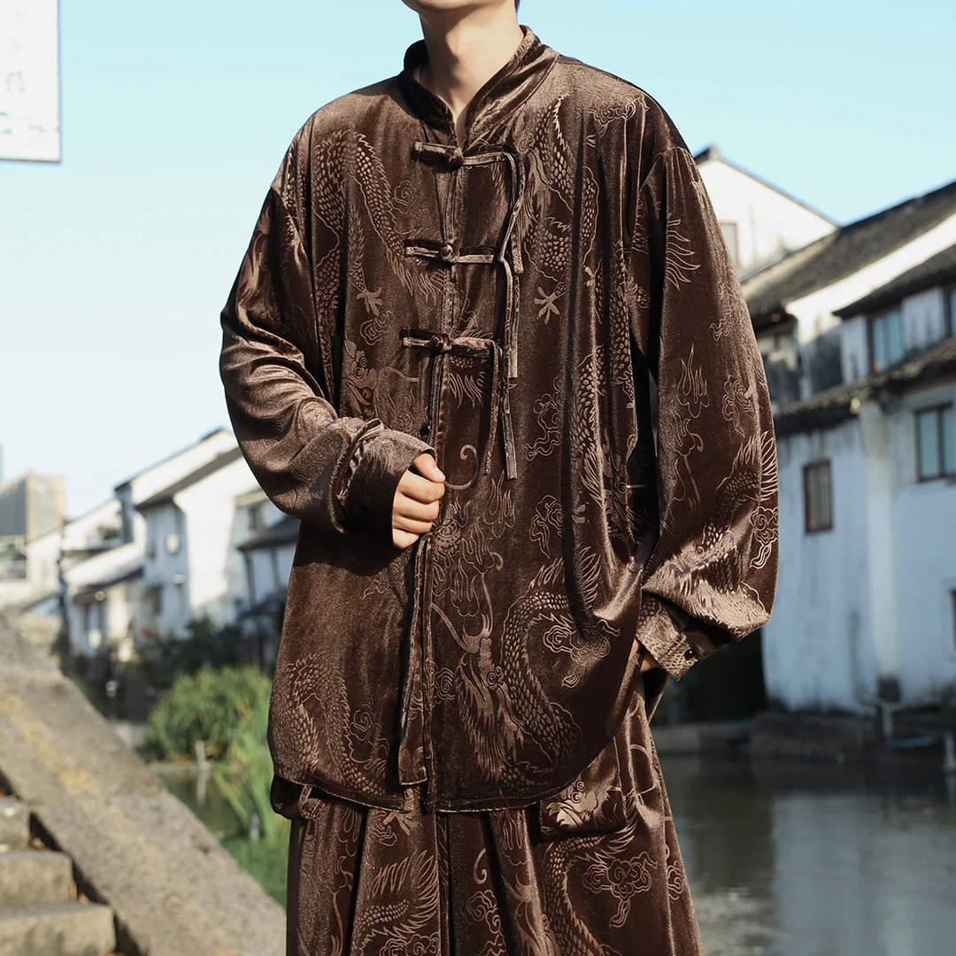 中山装茶服外套男中国风金丝绒龙纹提花夹克潮牌复古宽松唐装汉服