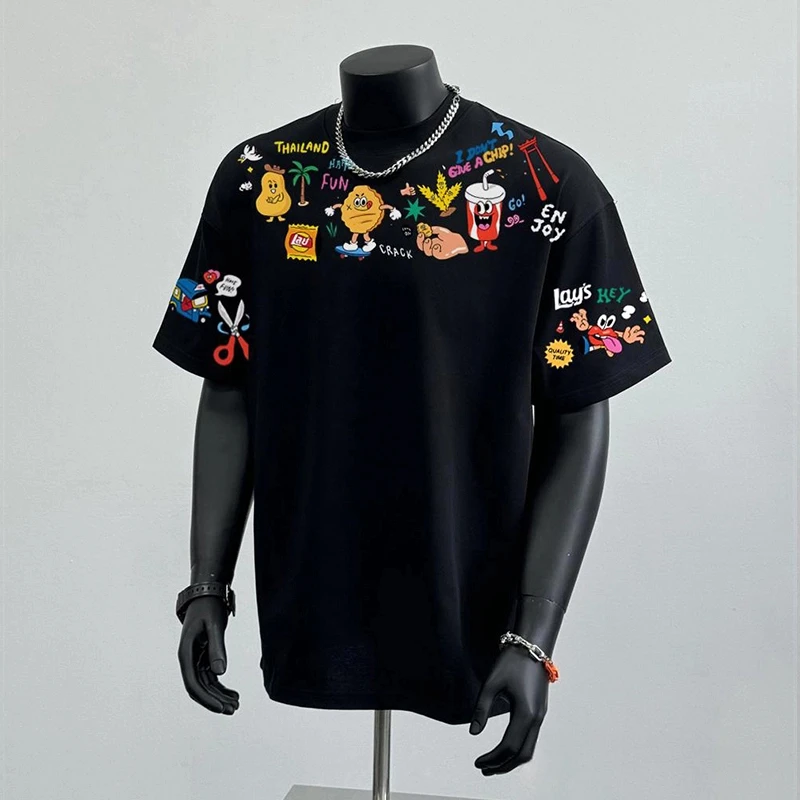 美式春秋印花重磅个性夏季潮流短袖t恤男士宽松百搭情侣上衣半袖