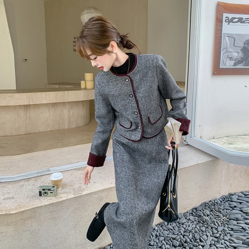 灰色法式小香风毛呢套装裙女2025春季新款时尚短外套半身裙两件套