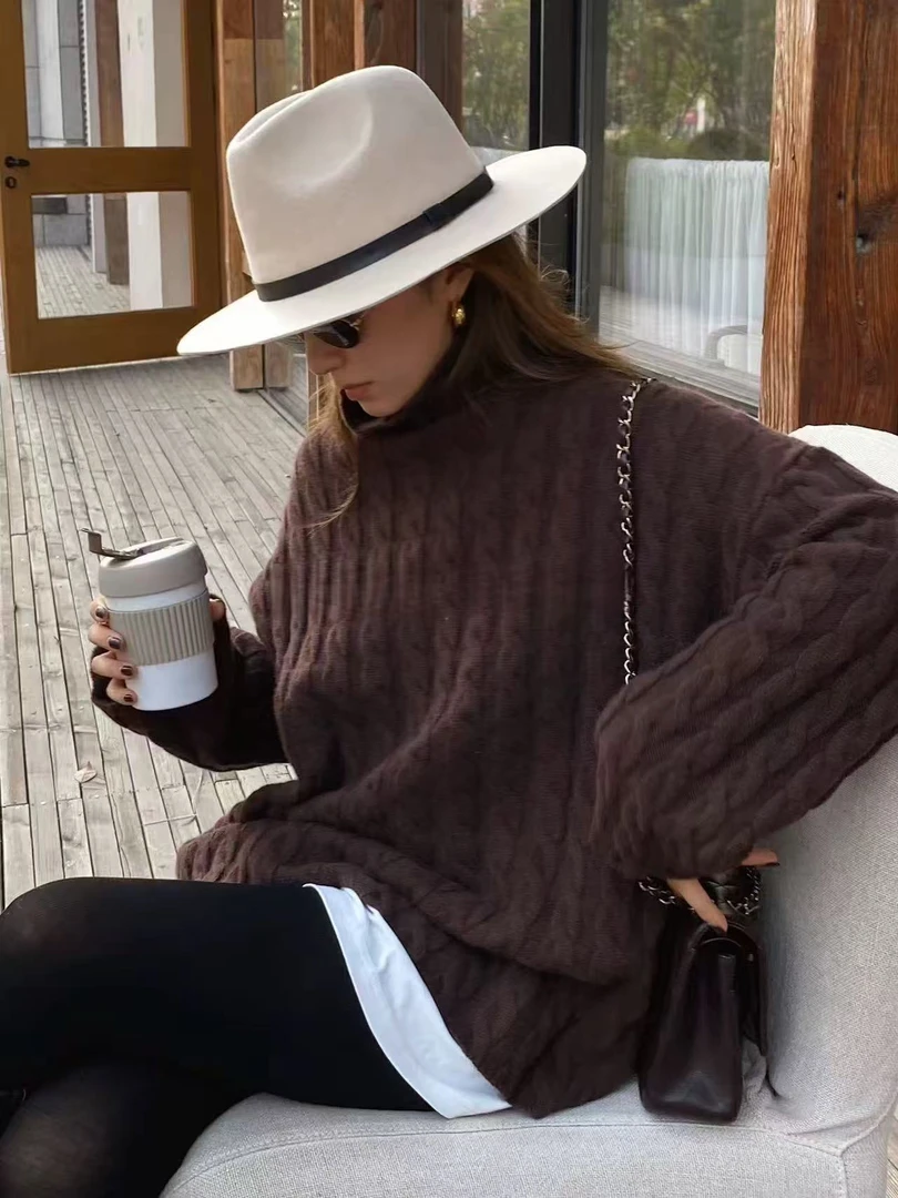 100%羊毛复古慵懒风羊毛衫百搭宽松时尚针织衫韩版高领中长款毛衣