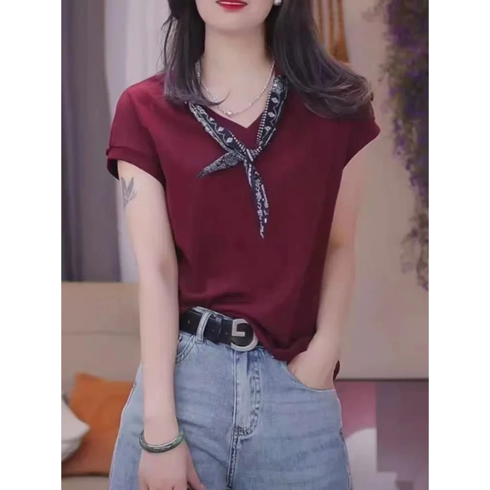 夏季女士V领丝巾系带小飞袖设计感百搭无袖宽松显瘦纯色上衣6018