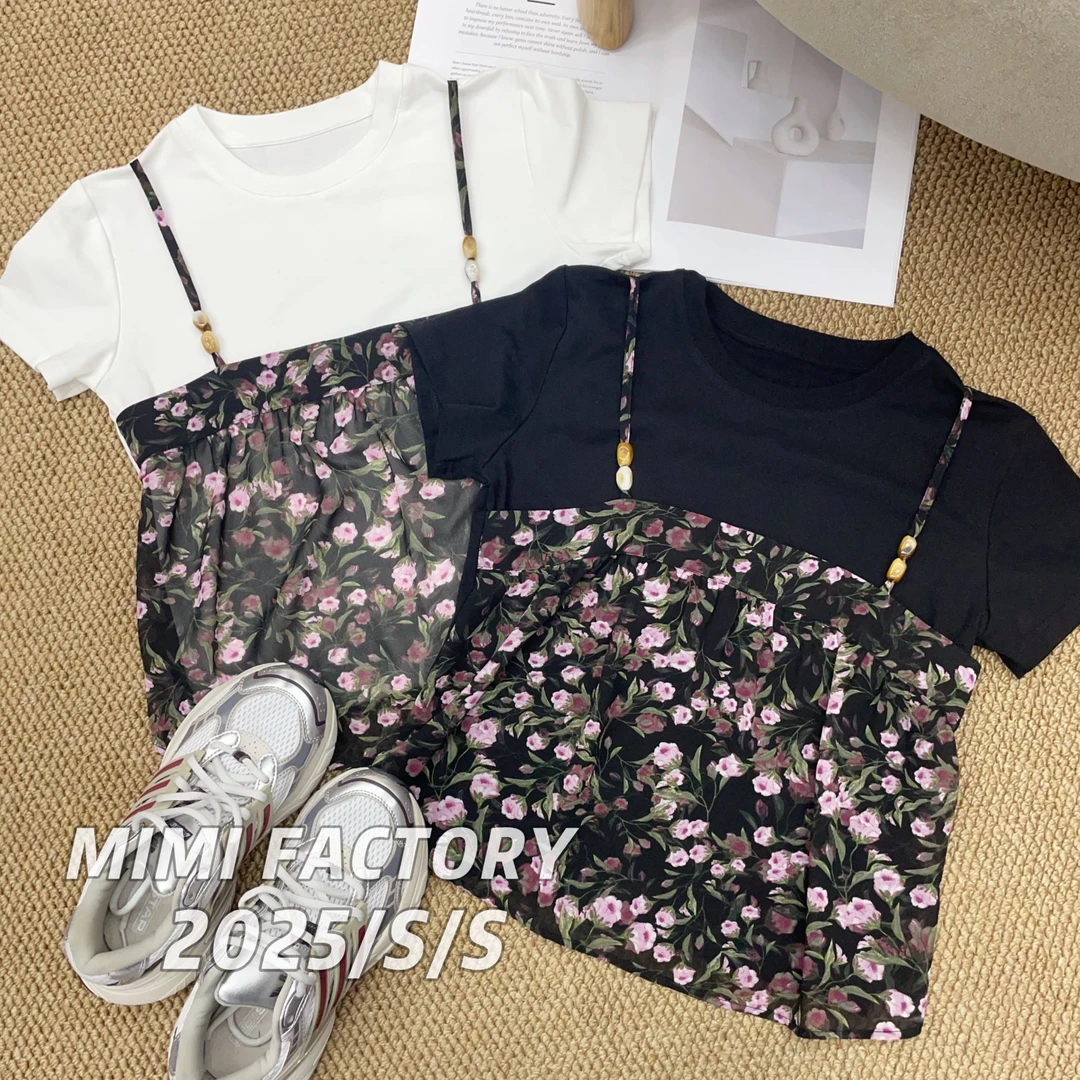 2025夏新款 碎花吊带拼接假两件短袖T恤女显瘦百搭上衣4409#