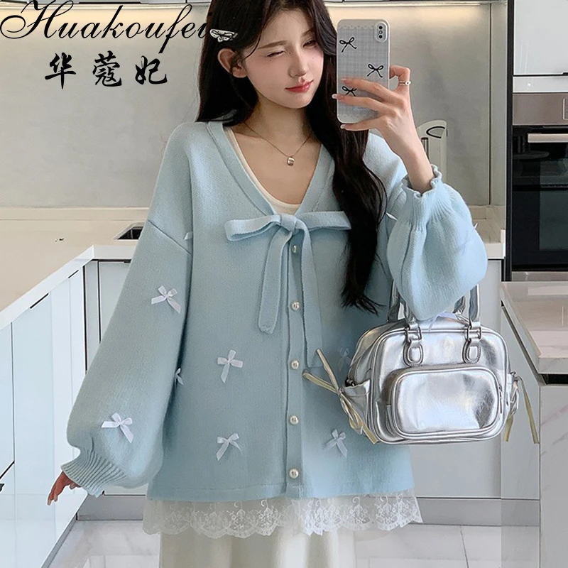 大码女装减龄韩系毛衣外套女秋冬蝴蝶结软糯针织开衫胖MM显瘦外穿