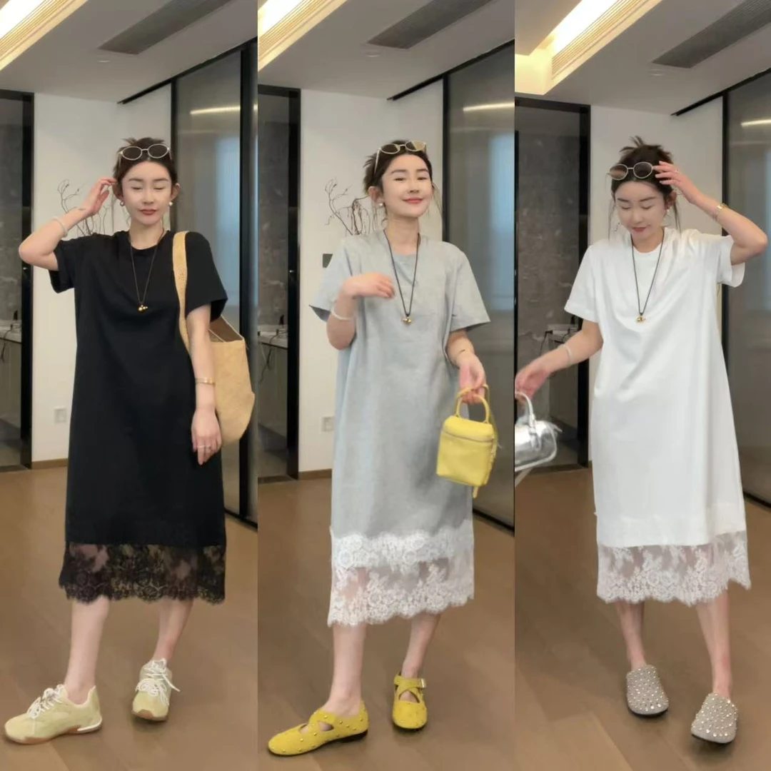JOJO/玖了个玖 2025春 极简百搭蕾丝拼接下摆长T恤裙 2503C1166