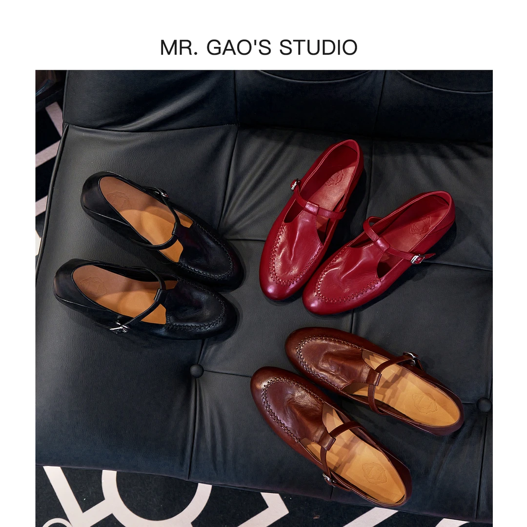 做旧檫色复古水洗玛丽珍鞋T型一字扣带法式手工缝线软底真皮单鞋