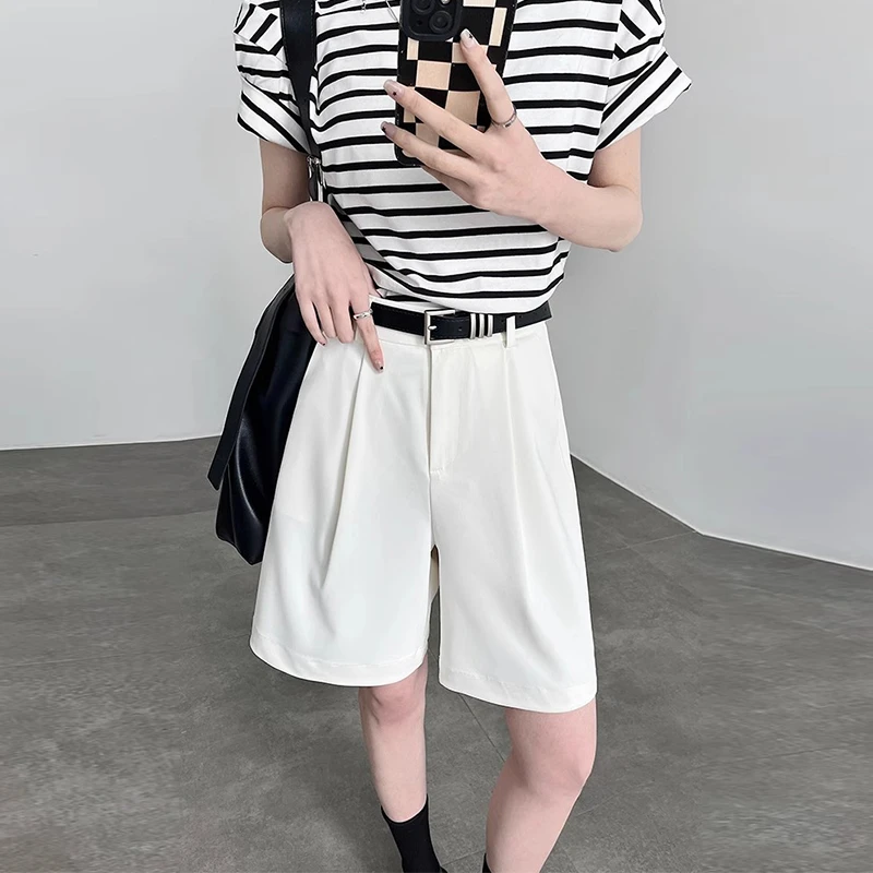 白色西装短裤女2025新款夏季薄款高腰a字宽松休闲冰丝阔腿五分裤