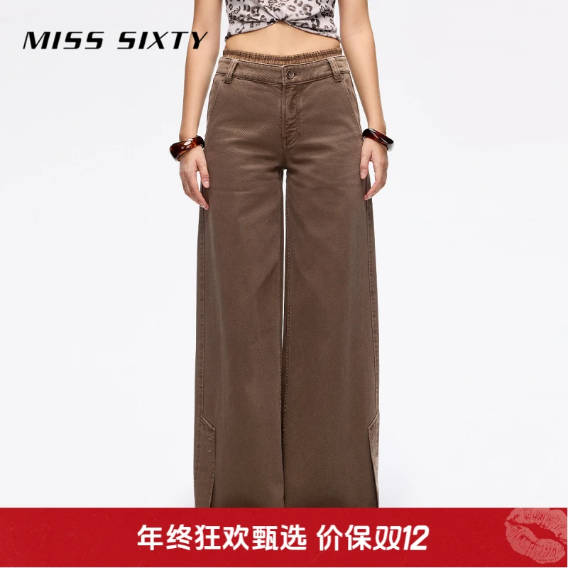 Miss Sixty2025秋季新款牛仔裤女双腰头解构式设计咖啡色直筒裤