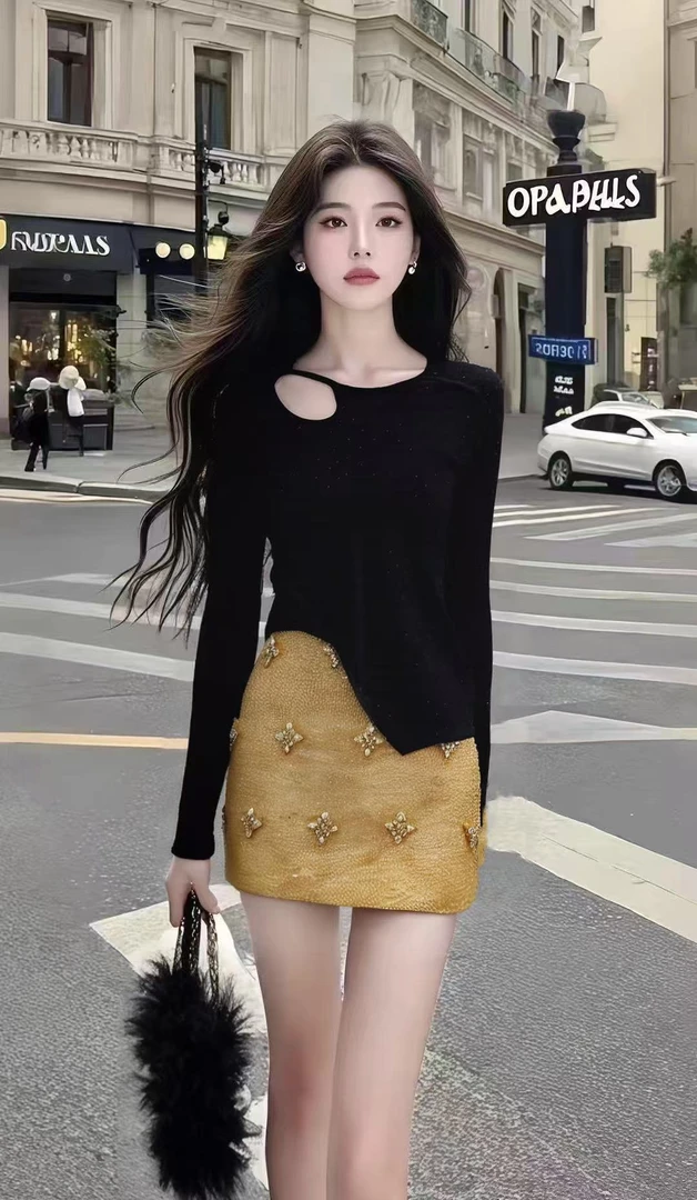 轻奢高端气质名媛穿搭黑色不规则长袖上衣+包臀半身裙时尚两件套