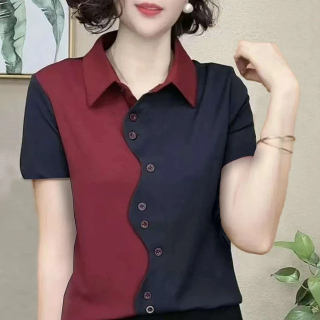 中年妈妈夏装翻领短袖t恤女士洋气拼接设计感上衣宽松大码polo衫