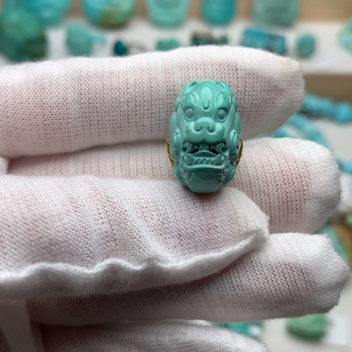 绿松石未镶嵌珠宝奇石高瓷绿貔貅珠19.7*12.4mm