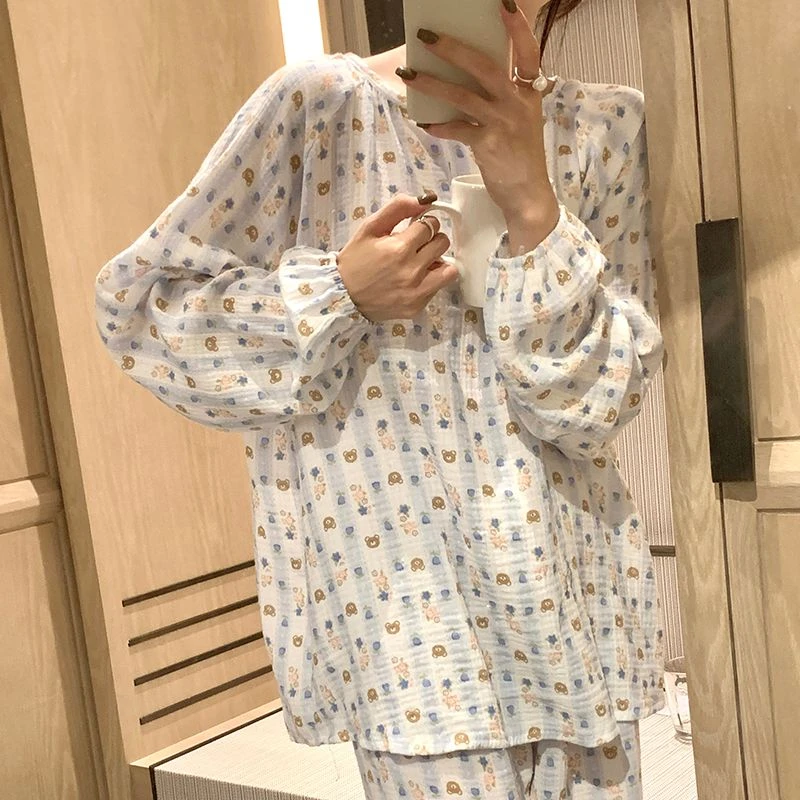 双层婴儿棉纯棉纱睡衣女套装春秋季长袖长裤两件套甜美可爱家居服