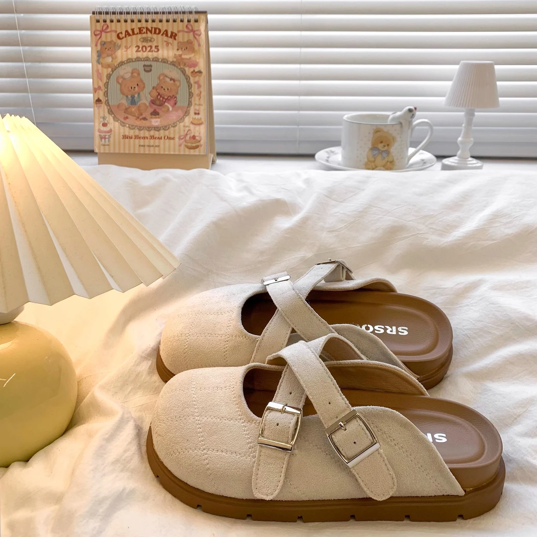 玛丽珍勃肯包头半拖鞋女外穿2025春夏新款法式厚底内增高复古凉拖