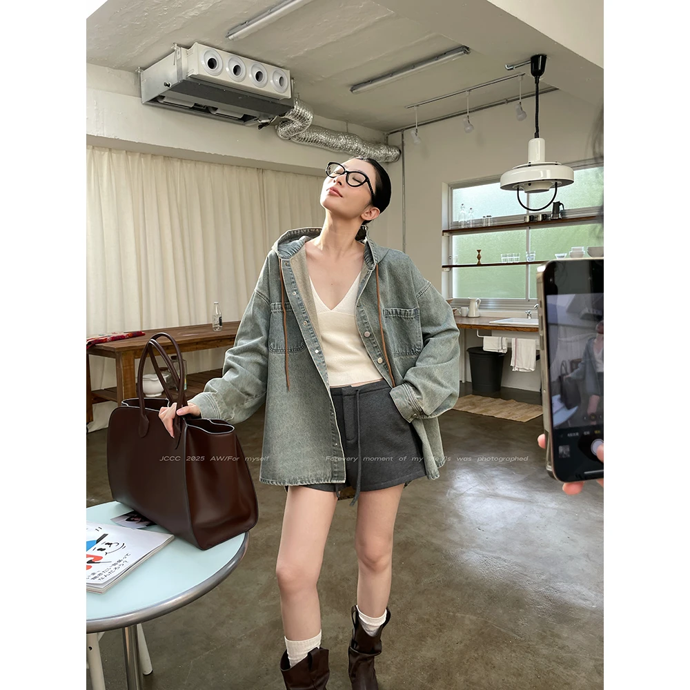 JCCC影子【丹宁松弛】蓝色水洗连帽牛仔叠穿/外穿衬衫JE5ANC12