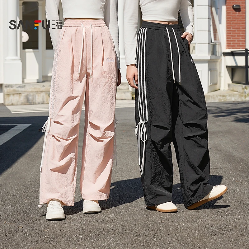 三福【商场同款】休闲裤夏芭蕾风蝴蝶结绑带宽松阔腿长裤女装495766