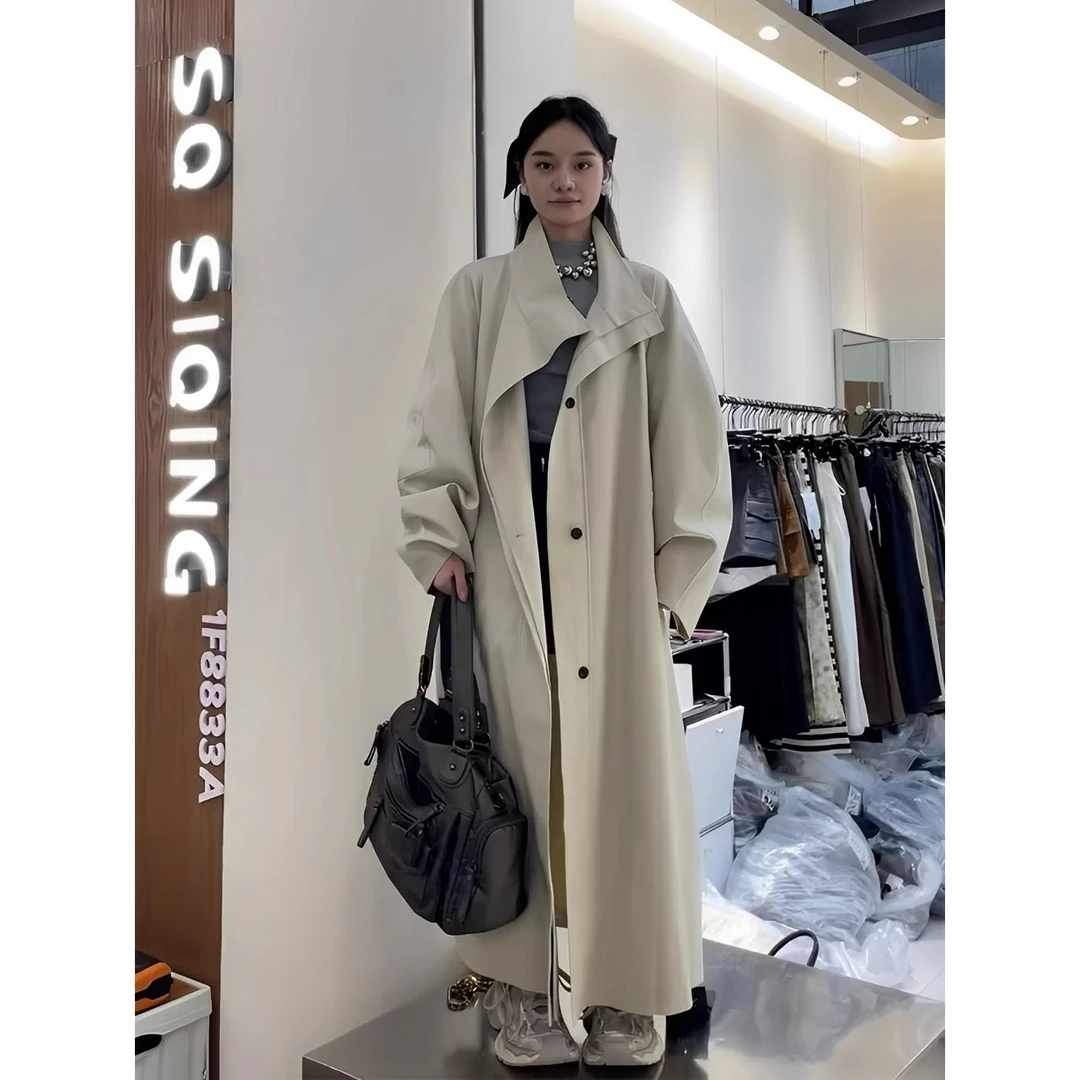 高级感超好看冷淡系气质慵懒风外套女2025秋季廓形超长款立领风衣