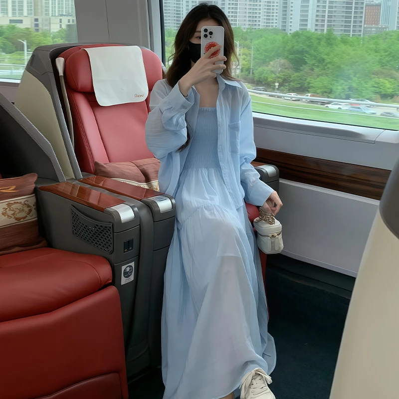 法式简约小清新套装女2025年夏季新款休闲吊带长裙宽松衬衫两件套