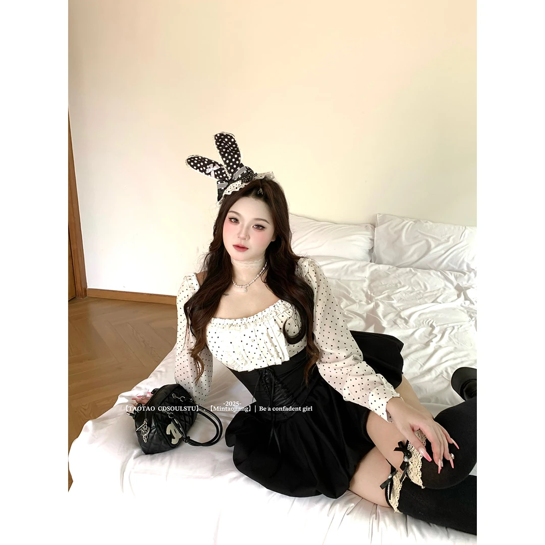 SWEET【甜心doll】微胖纯欲甜美法式波点收腰拼接上衣+蓬蓬半身裙