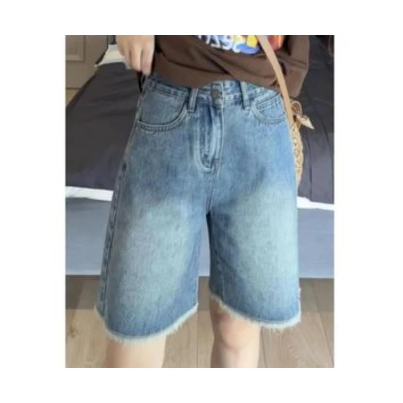 6009复古高腰牛仔短裤女夏季显瘦宽松休闲毛边五分直筒中裤