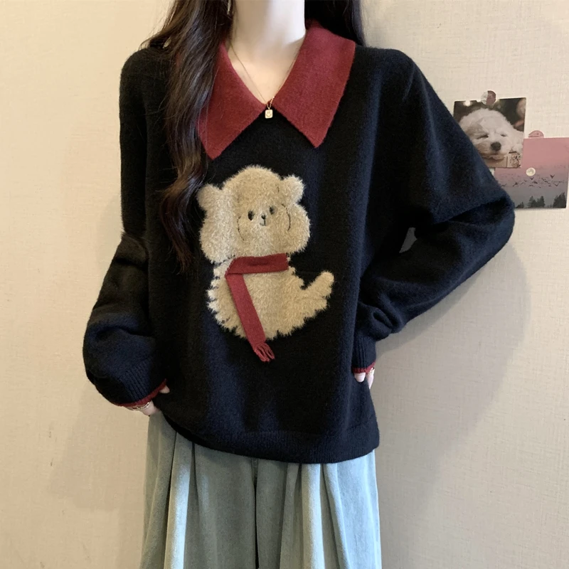 大码女装遮肚子韩系翻领卡通针织衫女秋冬胖mm显瘦慵懒风毛衣上衣