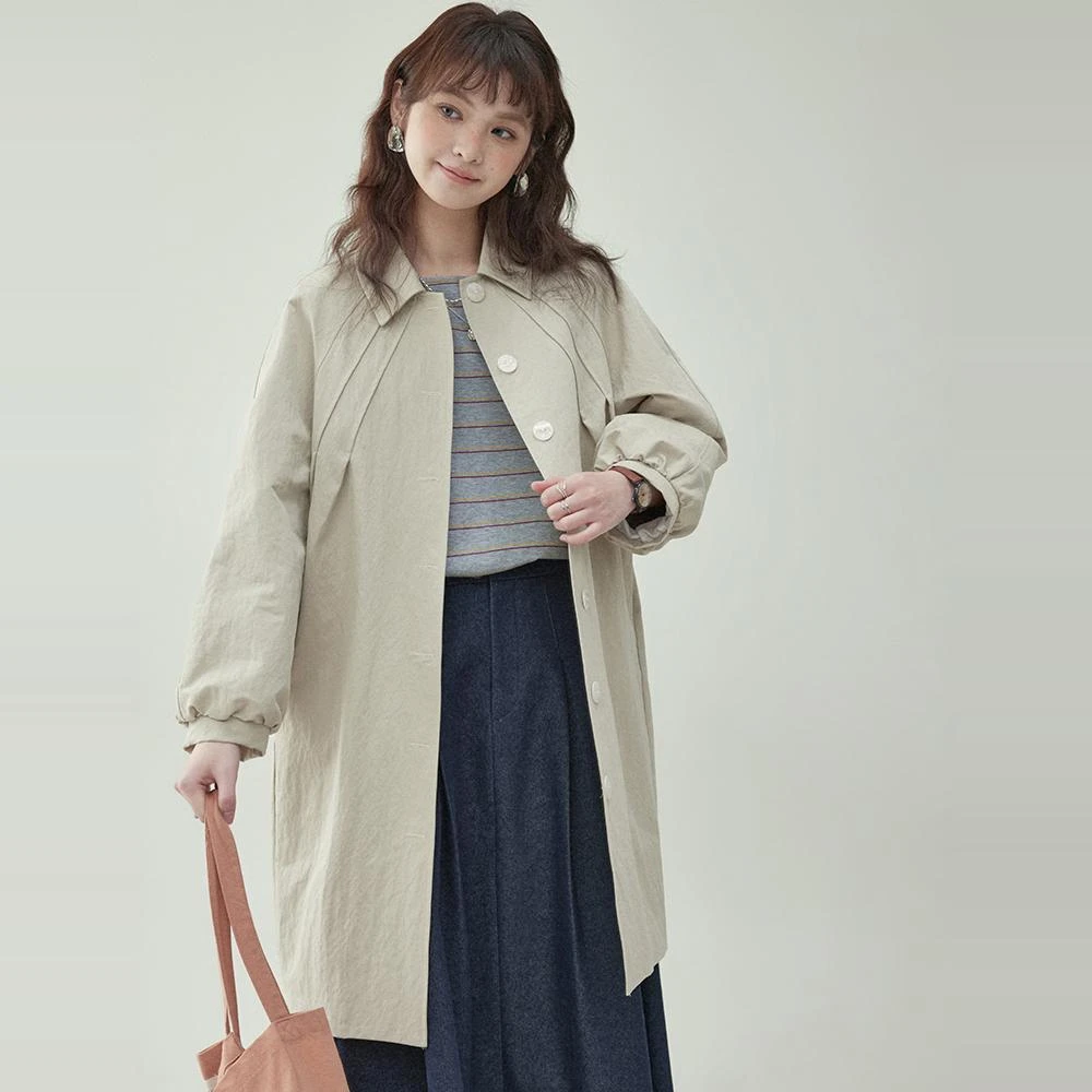 「北岛AMUU原创」简约纯色中长款风衣外套女早春新款压褶纽扣上衣