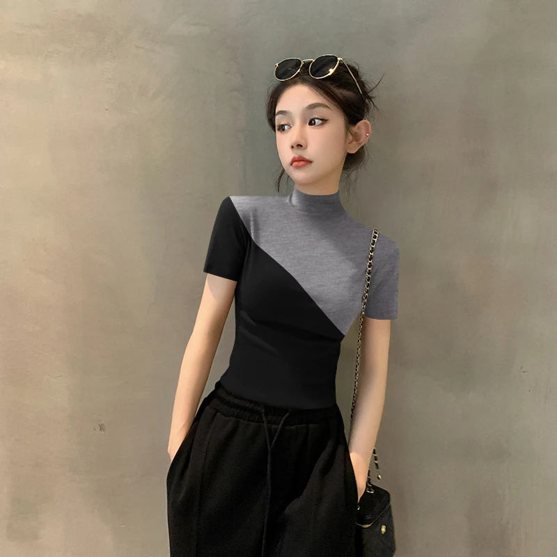 春夏新款拼接撞色螺纹短袖t恤女修身半高领打底衫时尚百搭上衣