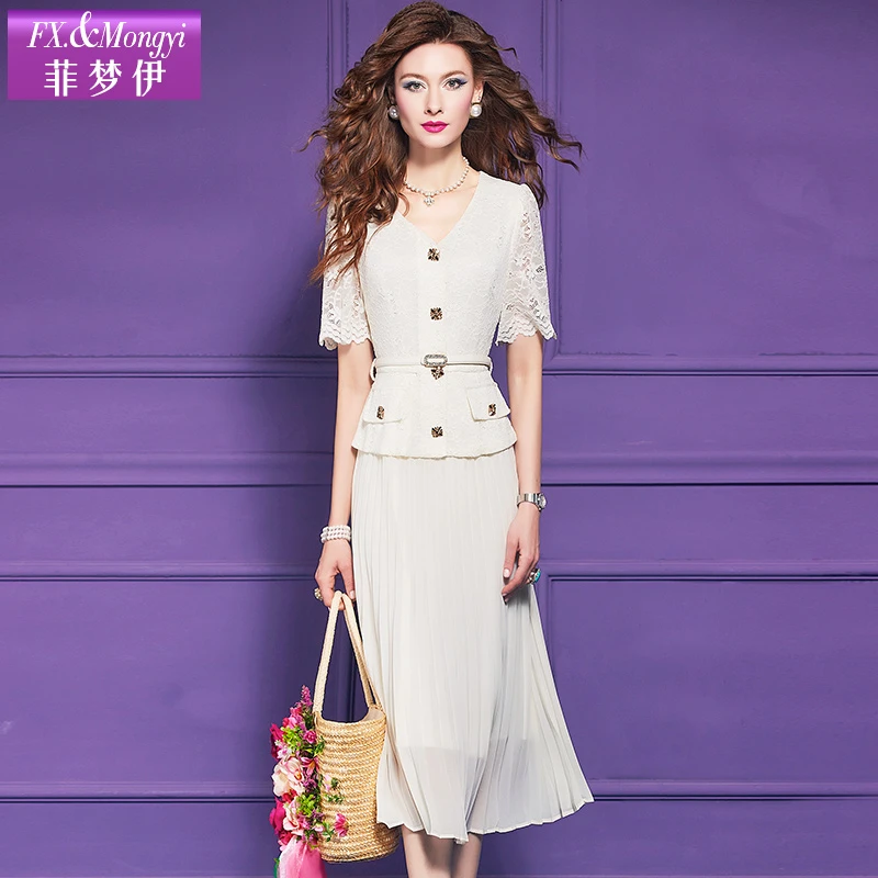 菲梦伊原创蕾丝拼接白色连衣裙女夏季时尚显瘦V领假两件裙子64677