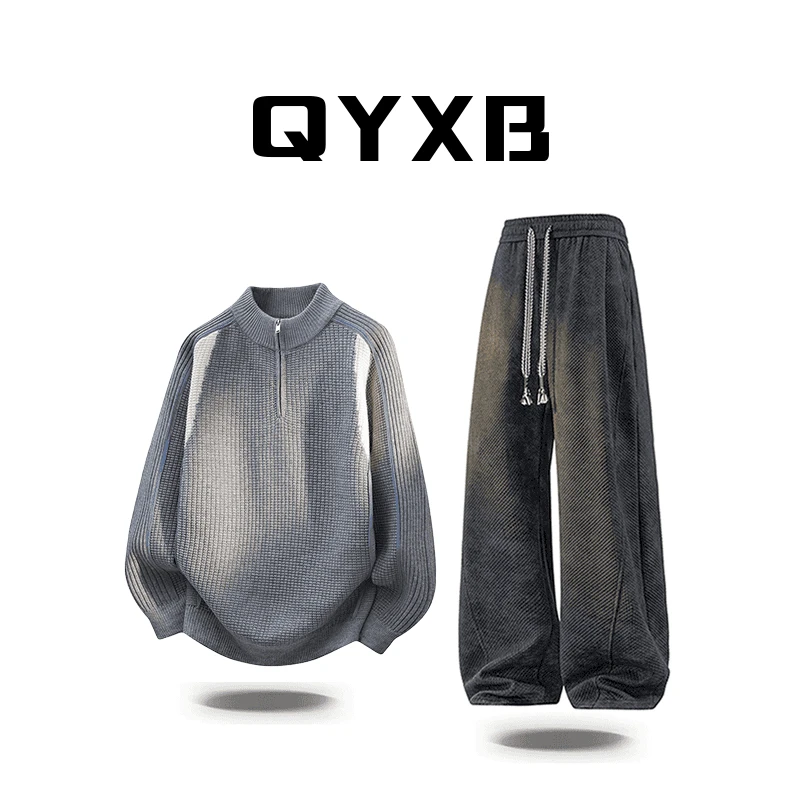 【品牌正品现货】QYXB半拉链圆领毛衣男士秋冬季拼色痞帅百搭针织衫