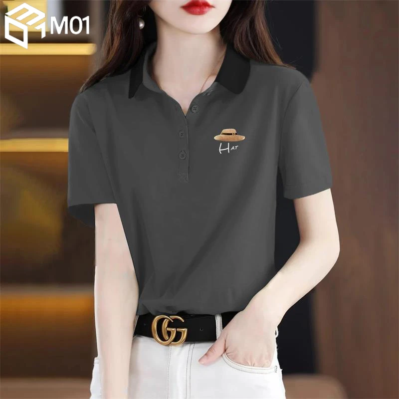 M01纯棉夏季文艺翻领体恤大码新款polo领休闲上衣宽松女短袖T恤