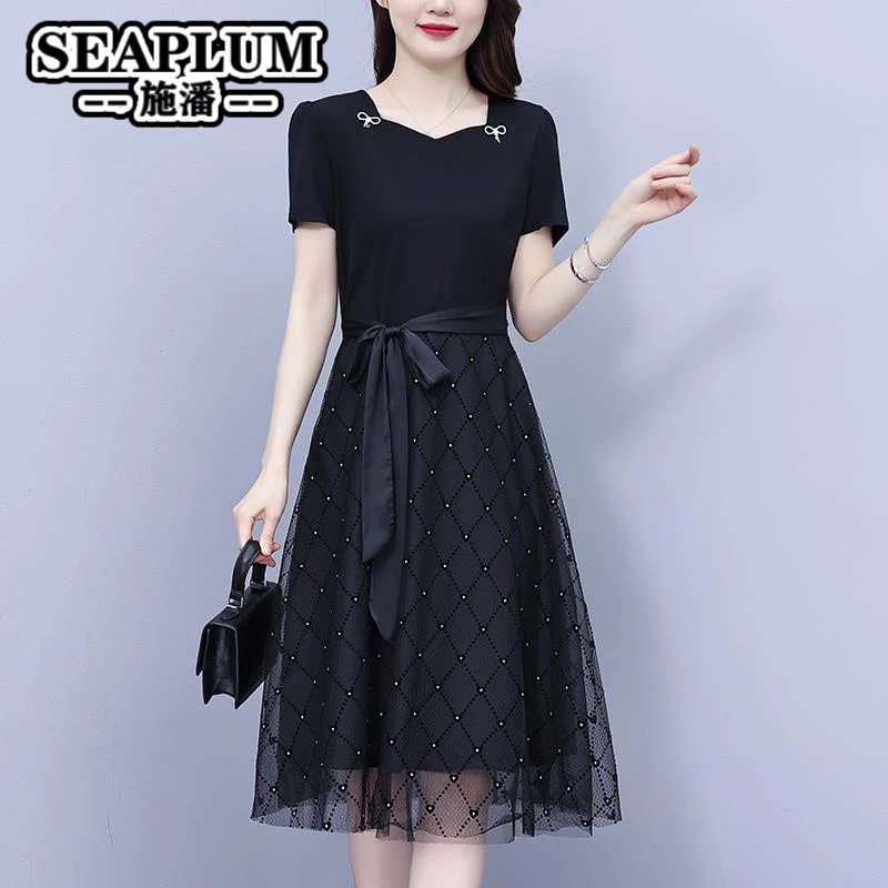 2025夏季新款年轻妈妈减龄高端显瘦中长款大码气质拼接网纱连衣裙