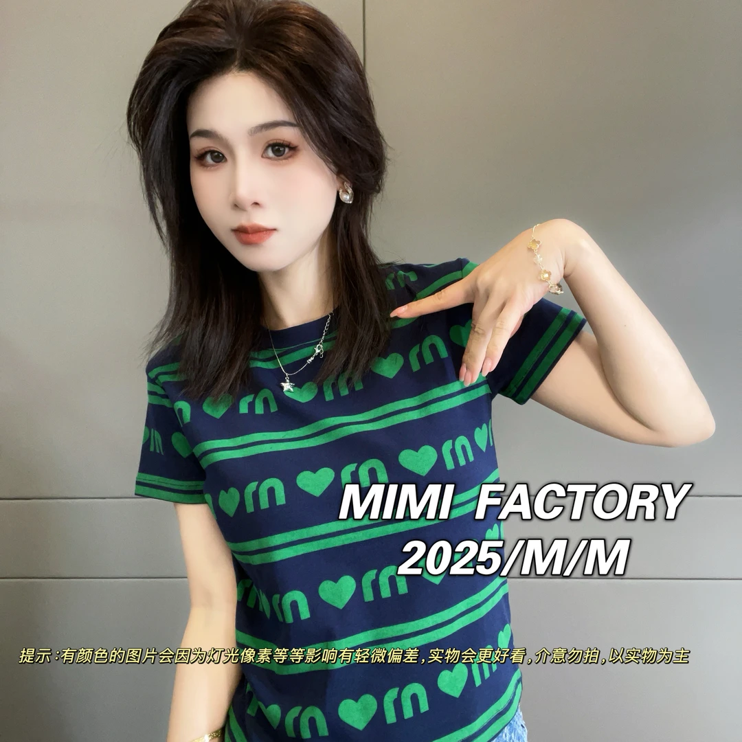 2025新款短袖 欧货满印设计短袖T恤女修身显瘦上衣 #2188