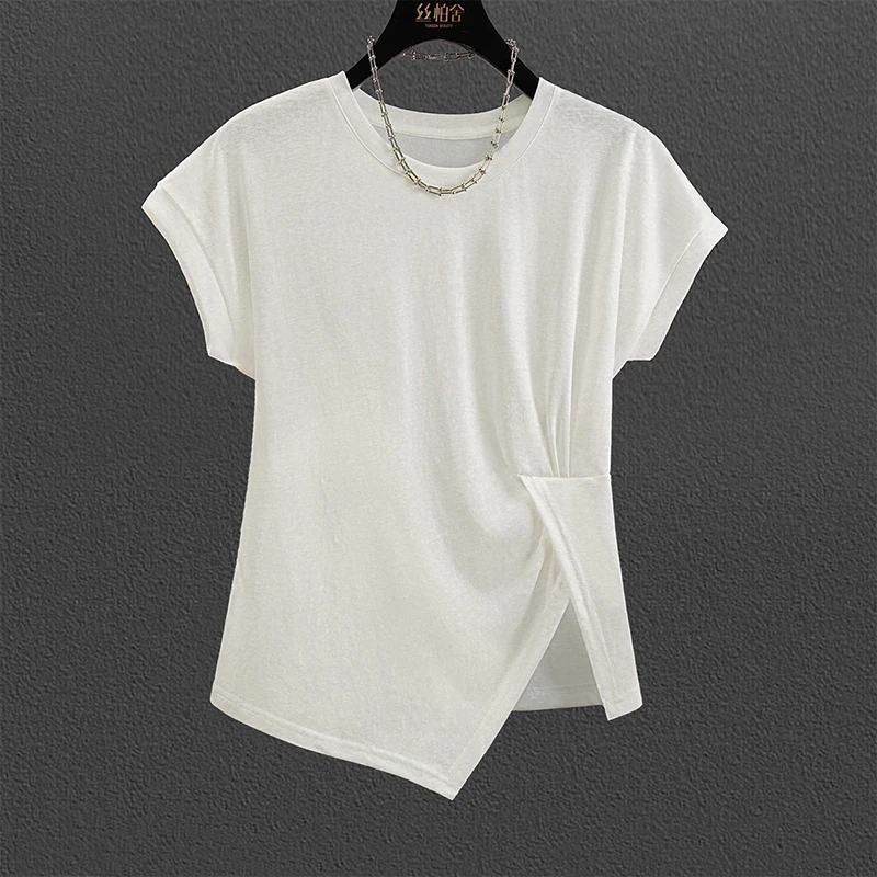 丝柏舍2025夏季新款女装时尚开叉设计简约圆领短袖T恤S52X4893T