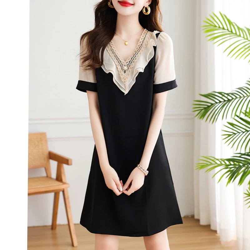 雪纺连衣裙女夏季2025新款高端气质黑色洋气小个子收腰显瘦裙子