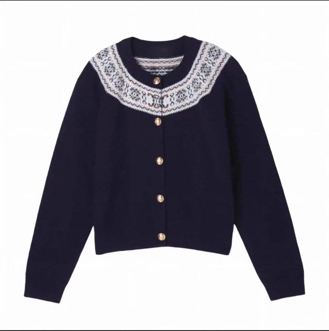 【硬货】3842明星同款100%羊绒费尔岛提花针织开衫圆领秋冬毛衣女