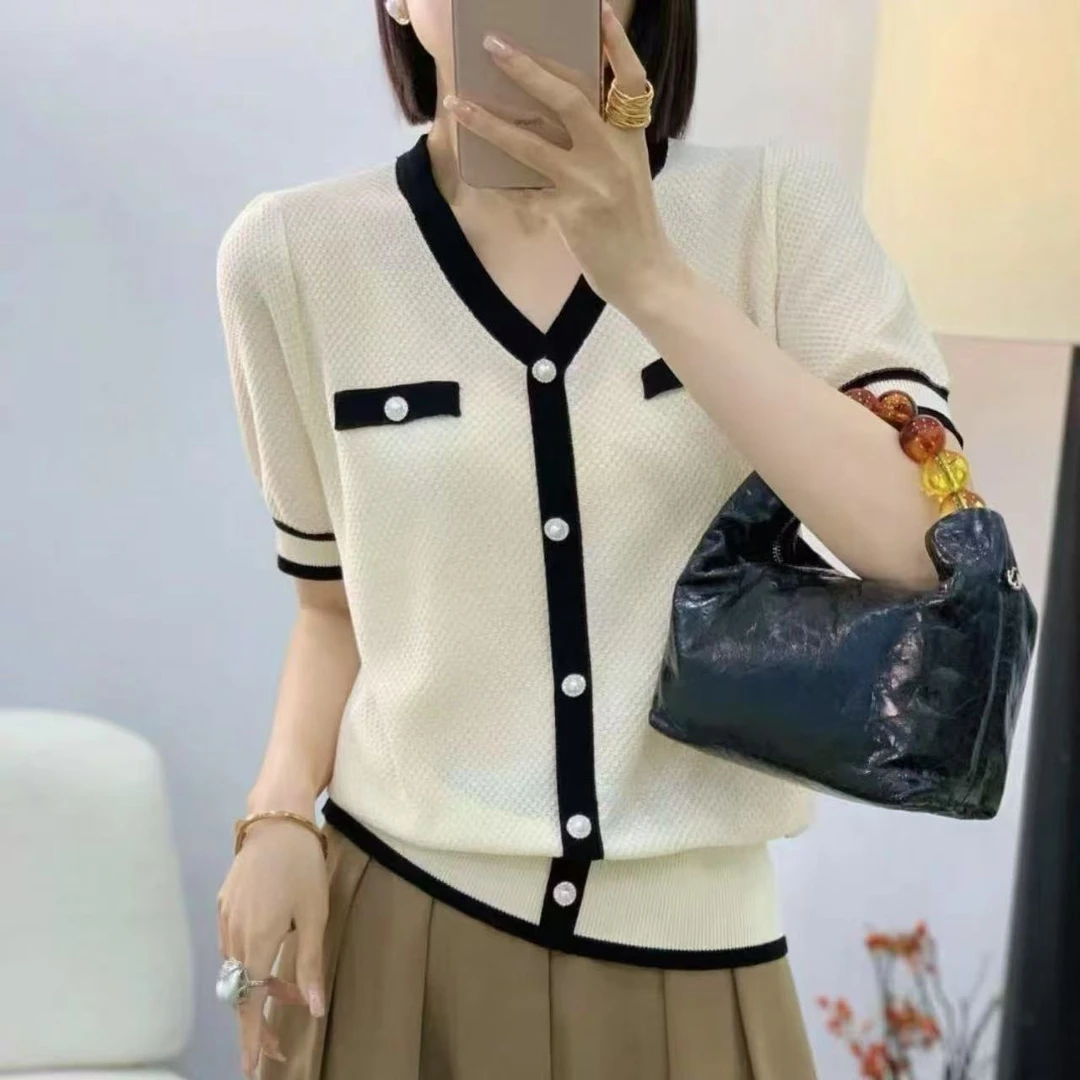 0小香风拼接撞色V领薄款短袖针织衫T恤女夏季新款韩版女士上衣