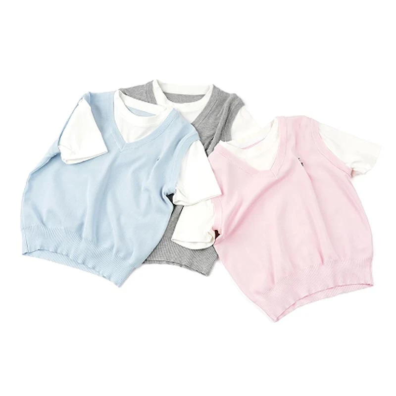 2025夏季新款韩式设计感假两件圆领套头纯色针织衫女时尚百搭上衣