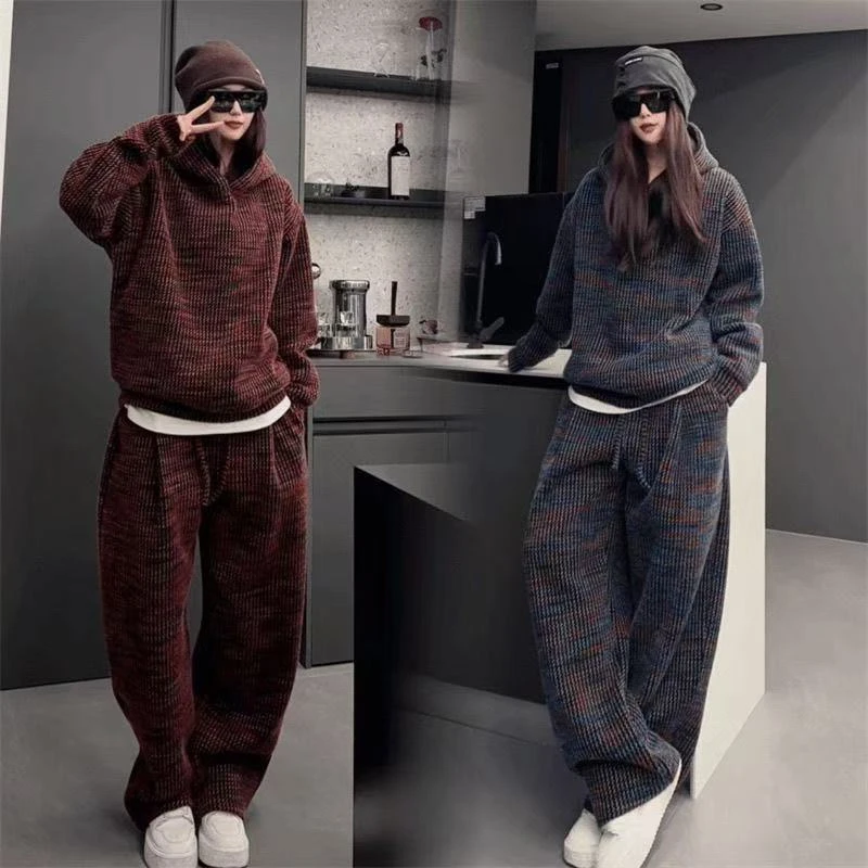 冬季潮牌情侣款运动加绒休闲套装时尚连帽卫衣宽松直筒长裤两件套