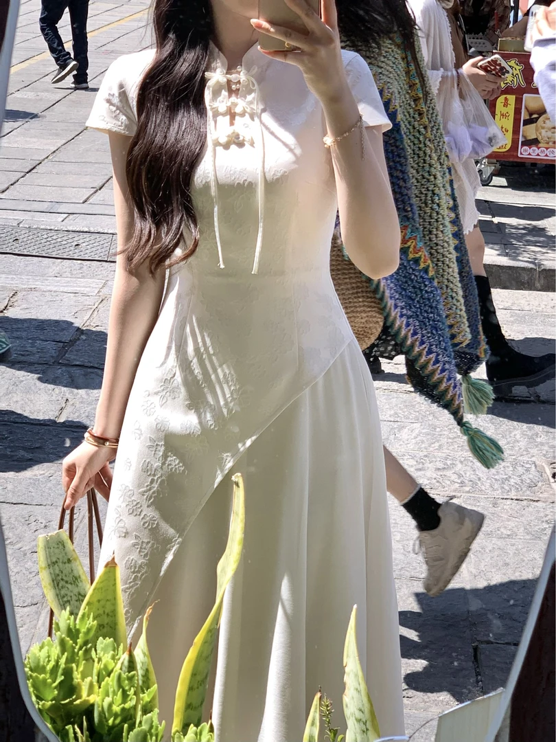 国风款连衣裙气质复古夏季白色显瘦