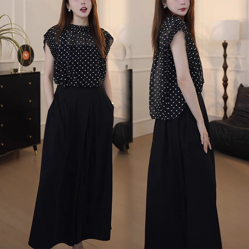 2025夏季新款波点宽松上衣小衫女大码时尚设计感圆领短袖雪纺衫潮