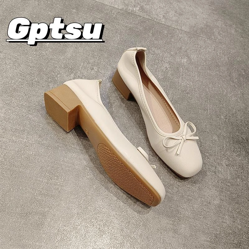 GPTSu复古风小蝴蝶结方头中跟单鞋女士浅口粗跟高跟鞋软皮奶奶鞋