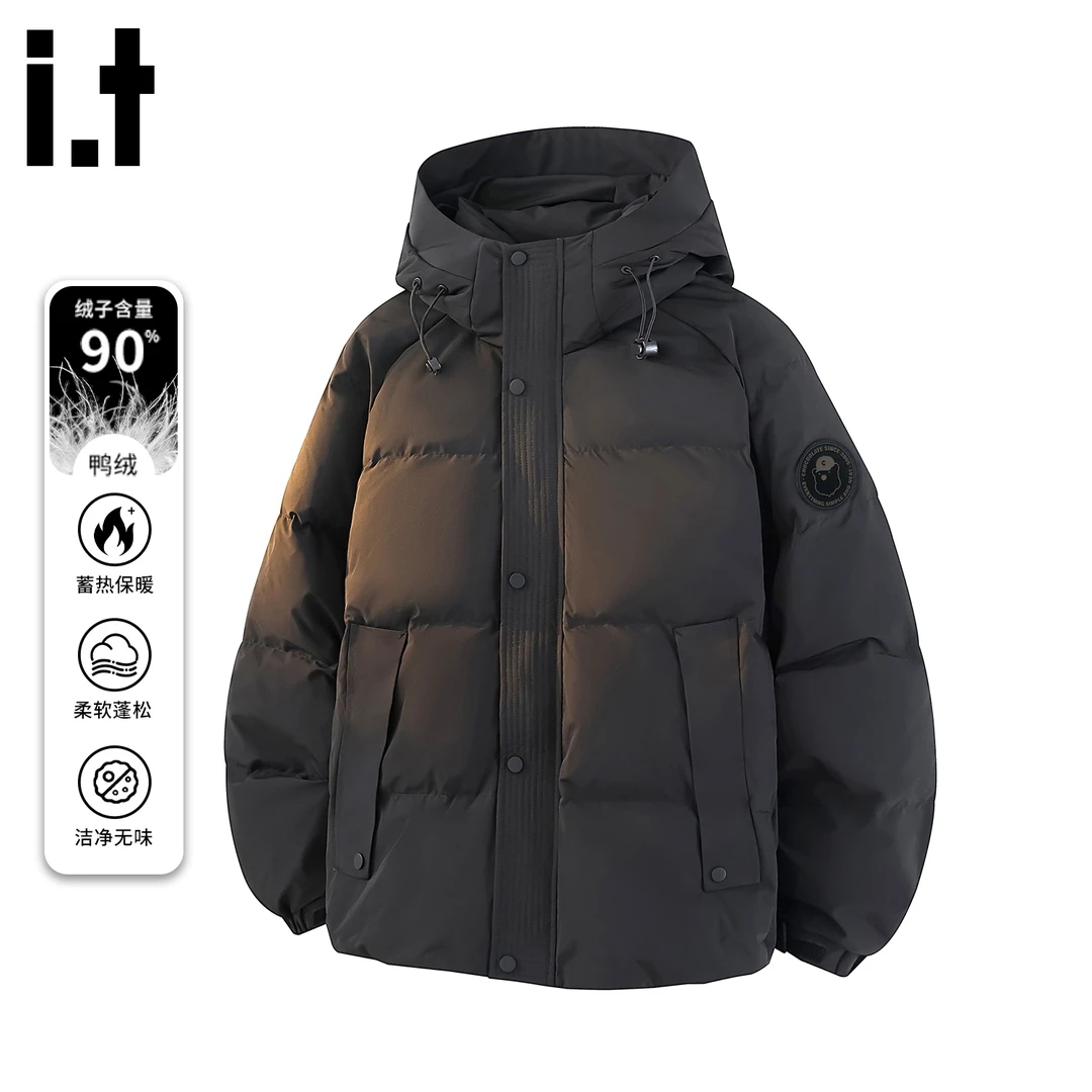 i.t:CHOCOOLATE连帽黑色羽绒服男士秋冬季90鸭绒保暖加厚休闲外套