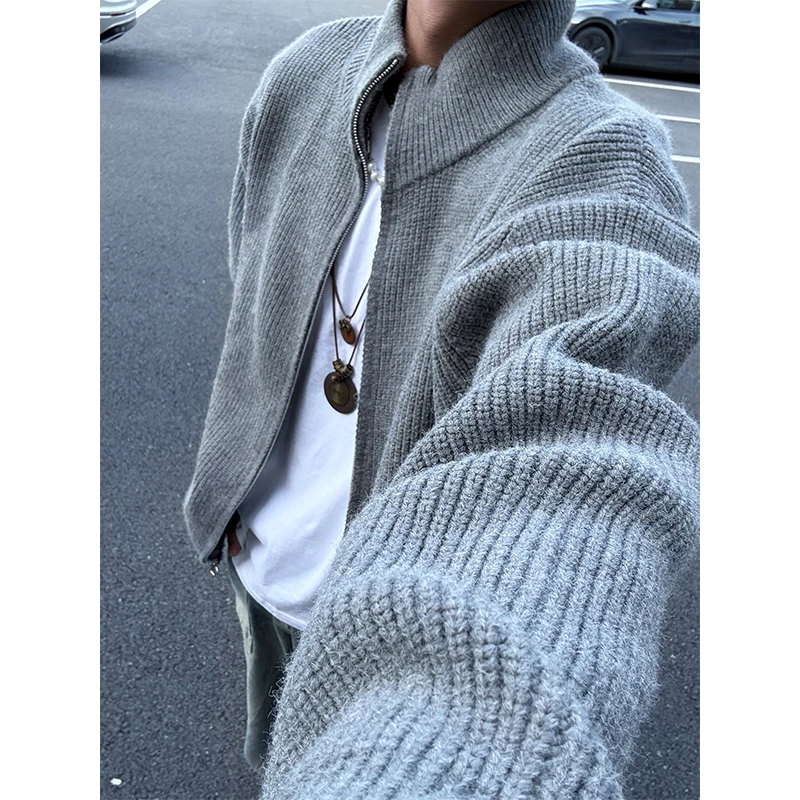 灰色立领开衫毛衣男秋冬季美式重磅针织衫慵懒风双拉链毛线衣外套