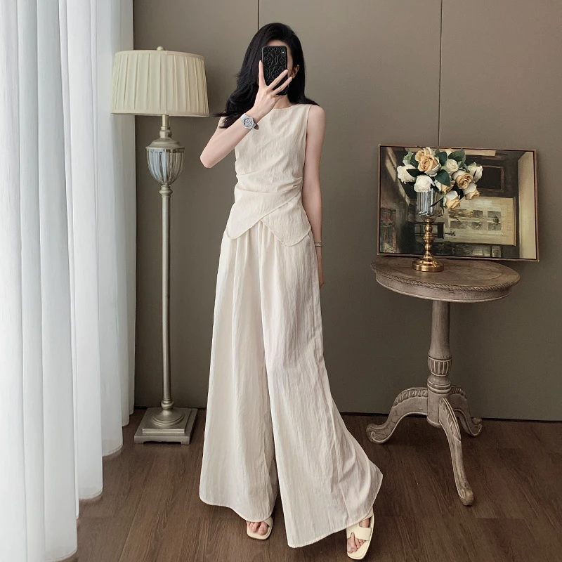 高级感老钱风套装女夏季气质显瘦慵懒风小众无袖上衣阔腿裤两件套