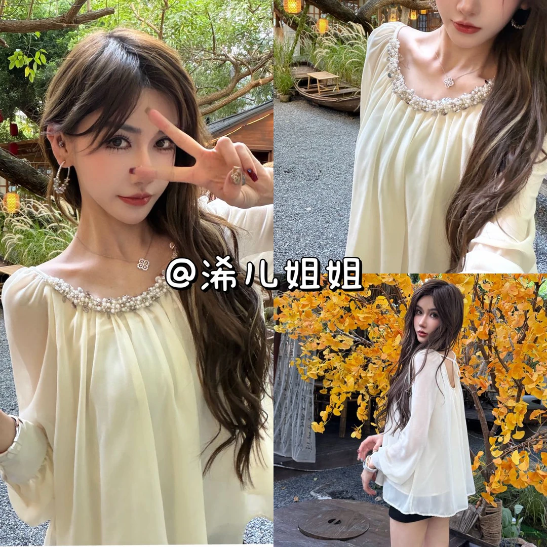 重工珍珠镶钻亮片抽褶露背雪纺上衣