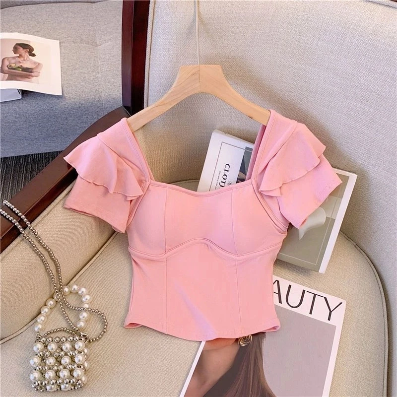 孤品】蛋炒饭服饰studio辣妹纯欲风小飞袖方领修身显瘦短款上衣