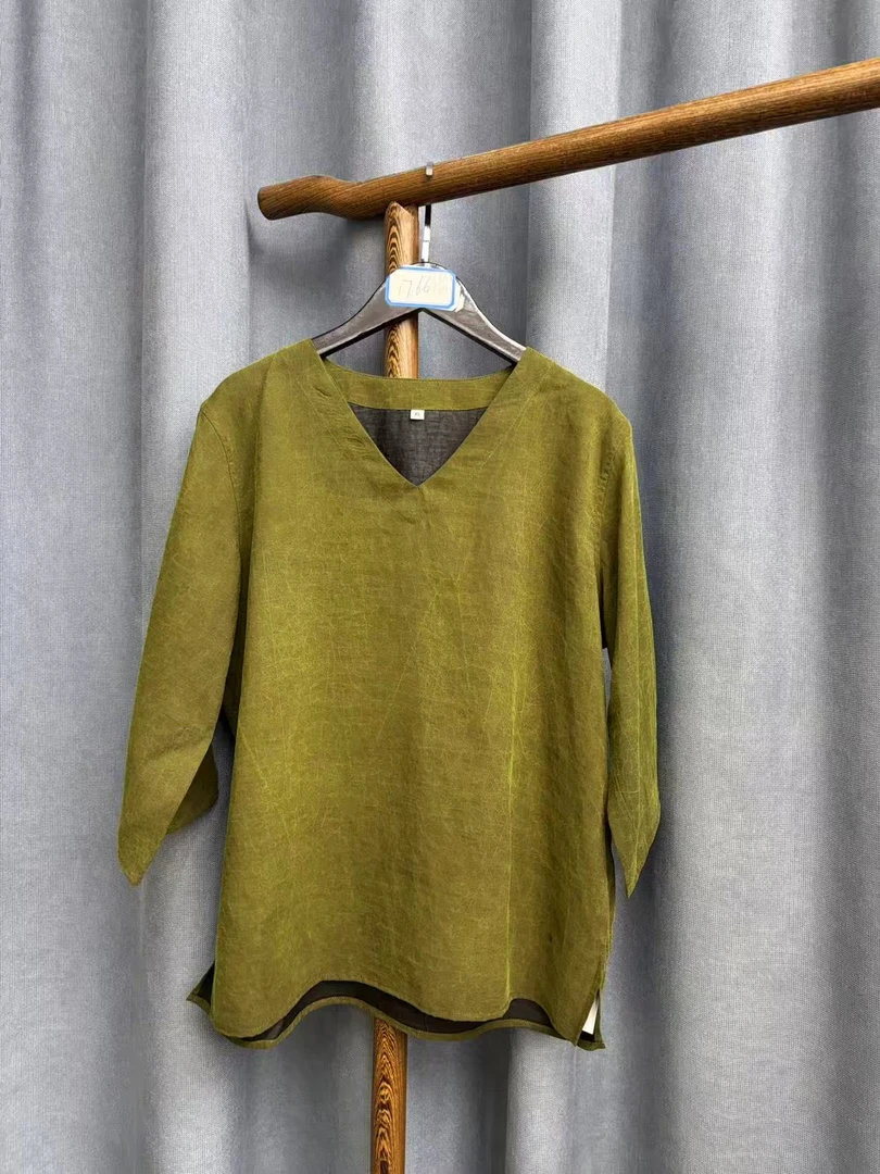 2025新款时尚休闲香云纱龟裂纹七分袖V领上衣H1766