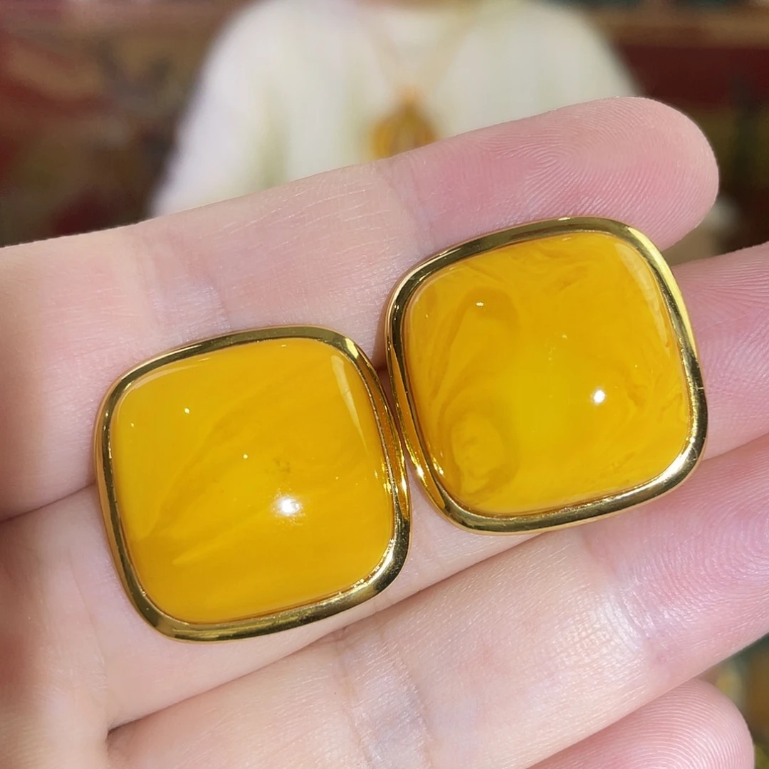 蜜蜡银S925镀金镶嵌耳钉