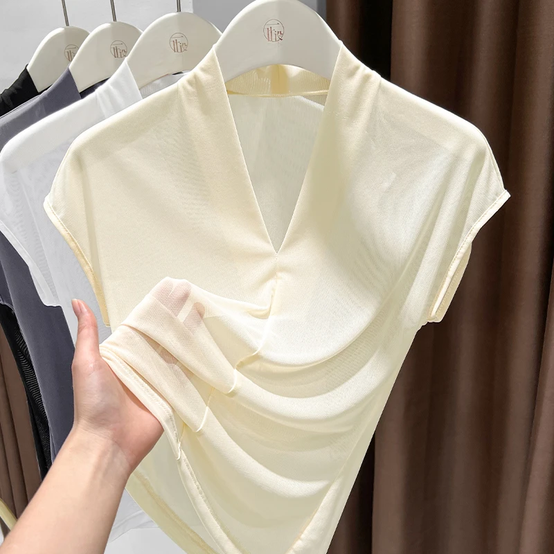 法式V领冰丝网纱短袖t恤女夏季新款高级感透明薄纱洋气百搭上衣女