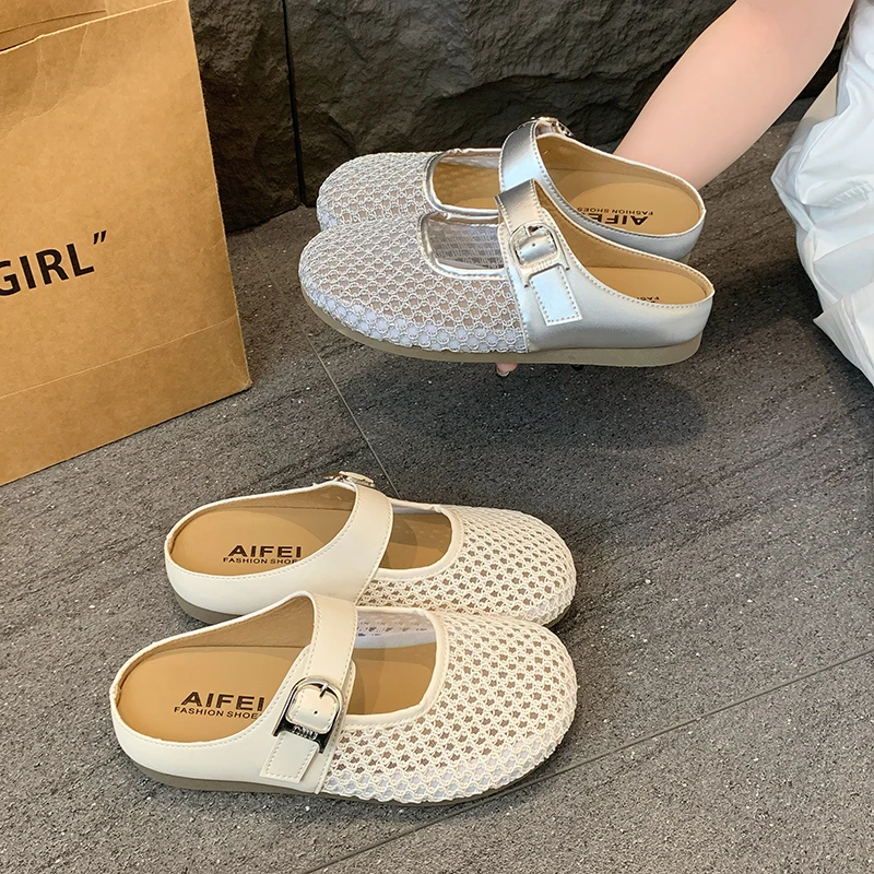 网面包头半拖鞋女夏季外穿2025鑫看平底镂空透气半托法式配裙凉拖