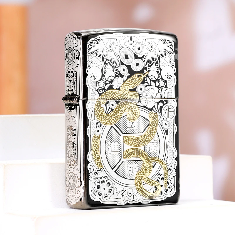 ZIPPO打火机瑞蛇纳金防风煤油冰面高档送男士520礼物新年DYJ1